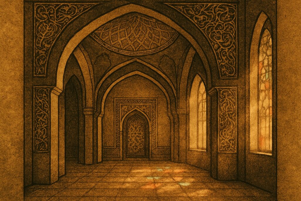 Moschee-Innenraum mit Lichtspiel und Ornamentik – Symbol für islamische Spiritualität und religiöse Autorität