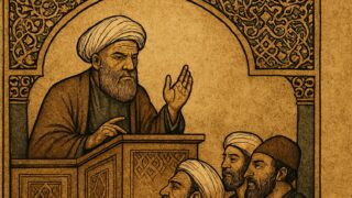 Islamische Symbolik mit geometrischem Muster und Moschee-Silhouette vor dunkelgoldenem Hintergrund – spiritueller Einstieg in Artikel über Fatwa, religiöse Macht und islamisches Recht.