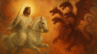 Jesus reitet auf einem weißen Pferd und hält ein Schwert, während er einer Gruppe von vier roten Drachen gegenübersteht.